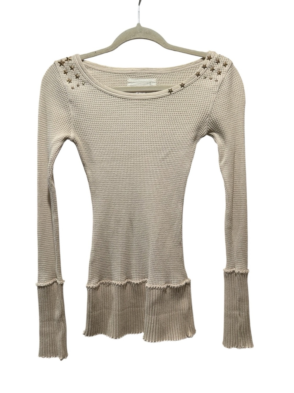 We The Free Beige Stud-Shoulder Ribbed Long-Sleeve Top Size XS